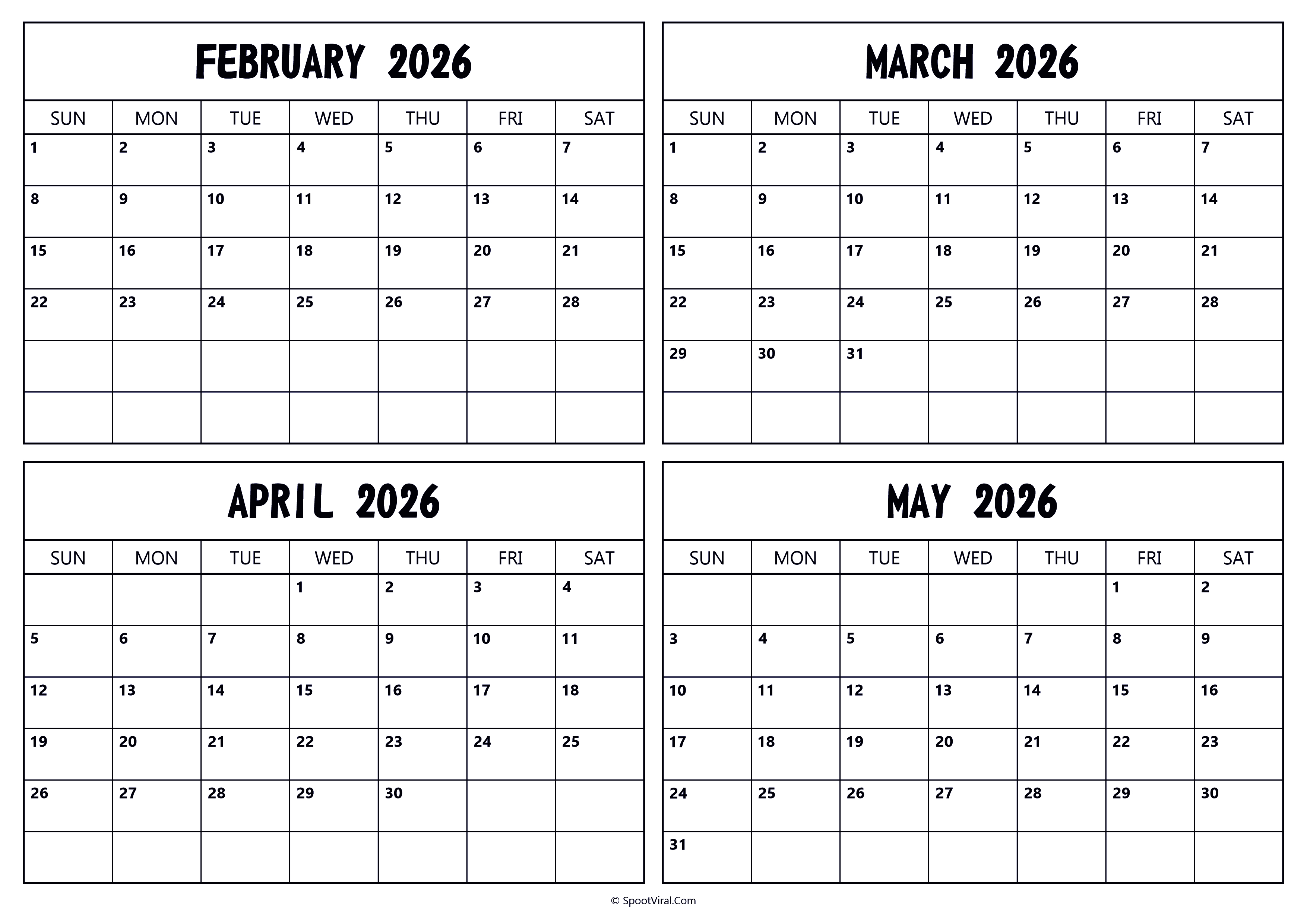February March April May 2026 Calendar