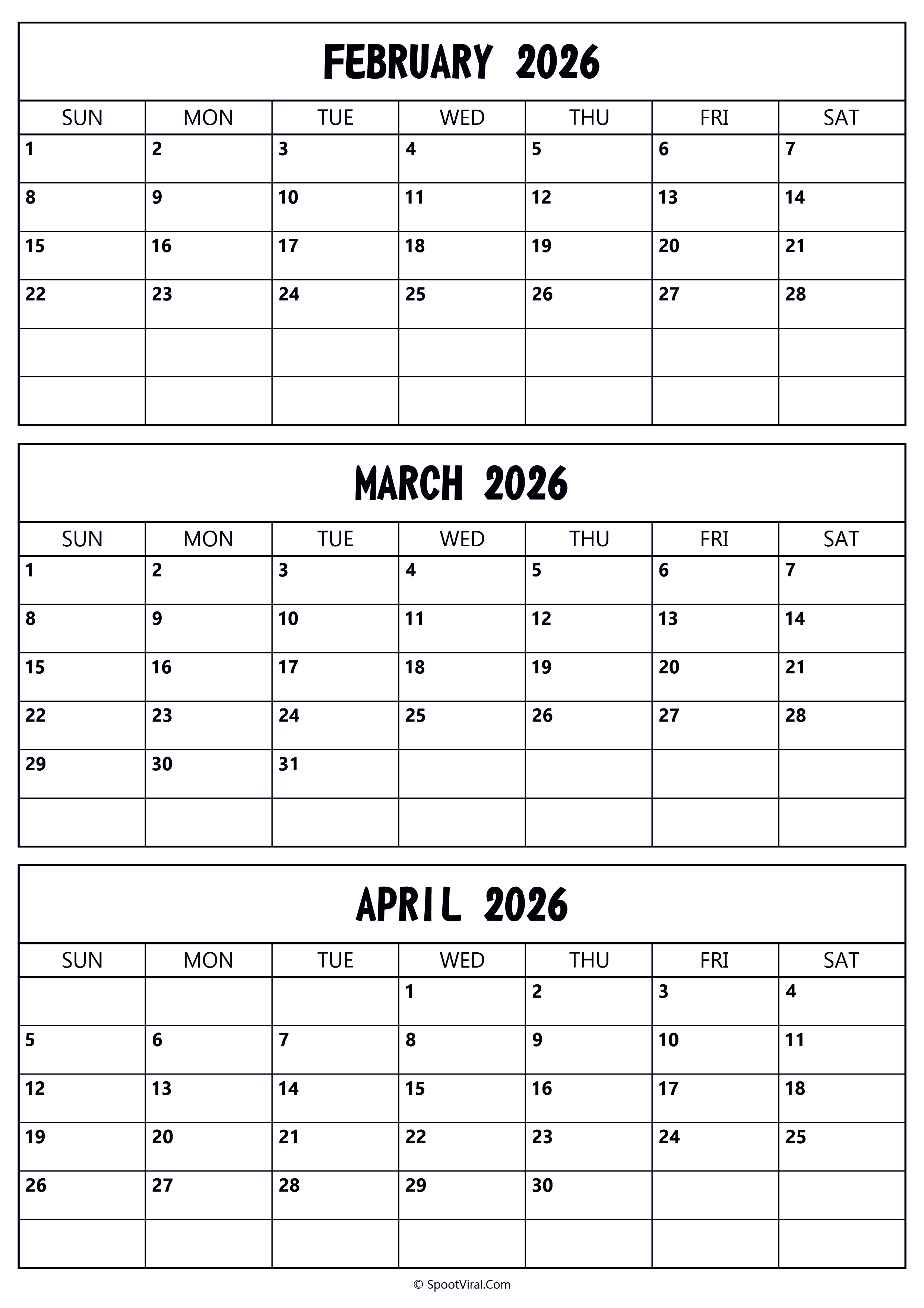 February to April 2026 Calendar