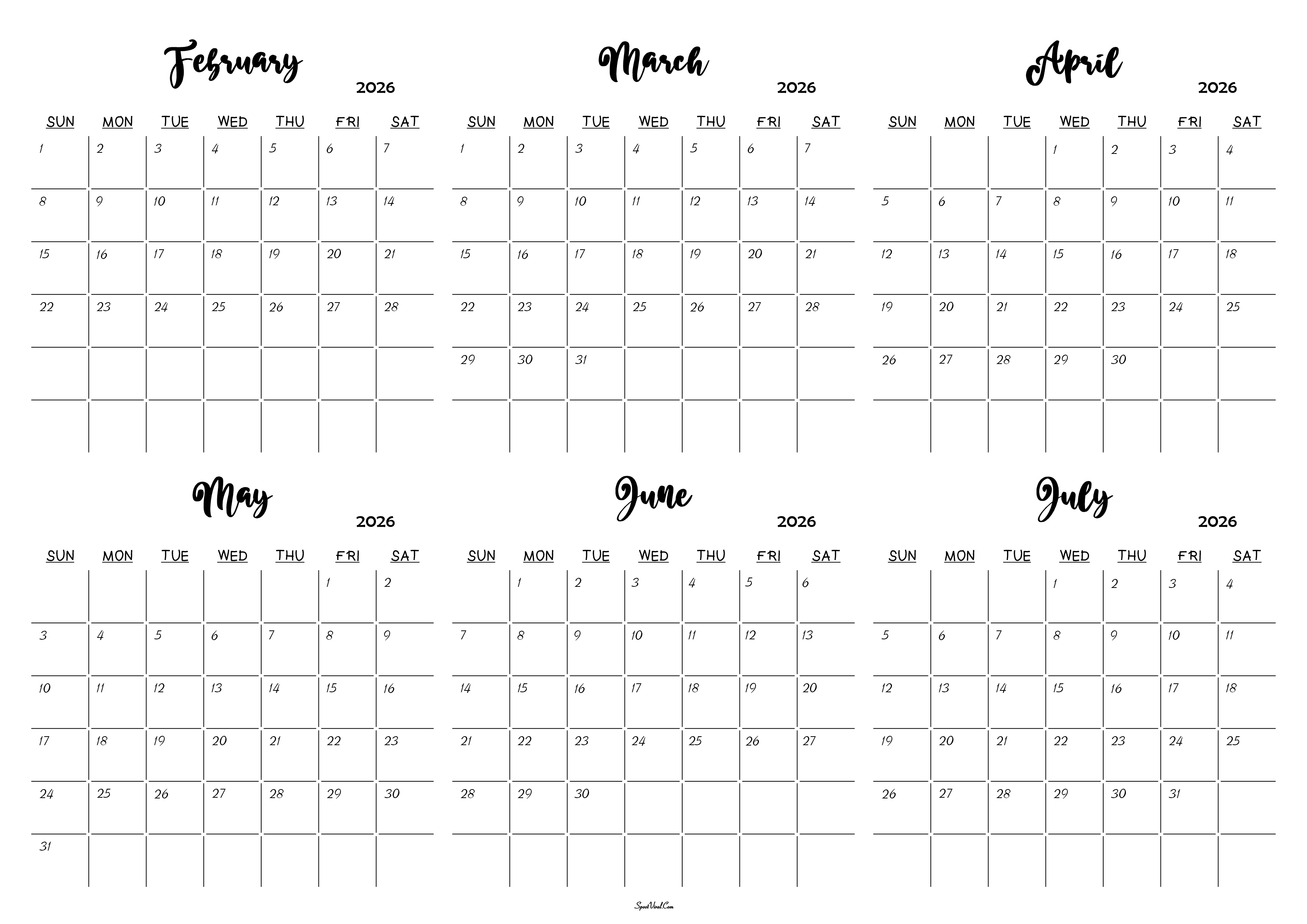 February to July 2026 Calendar