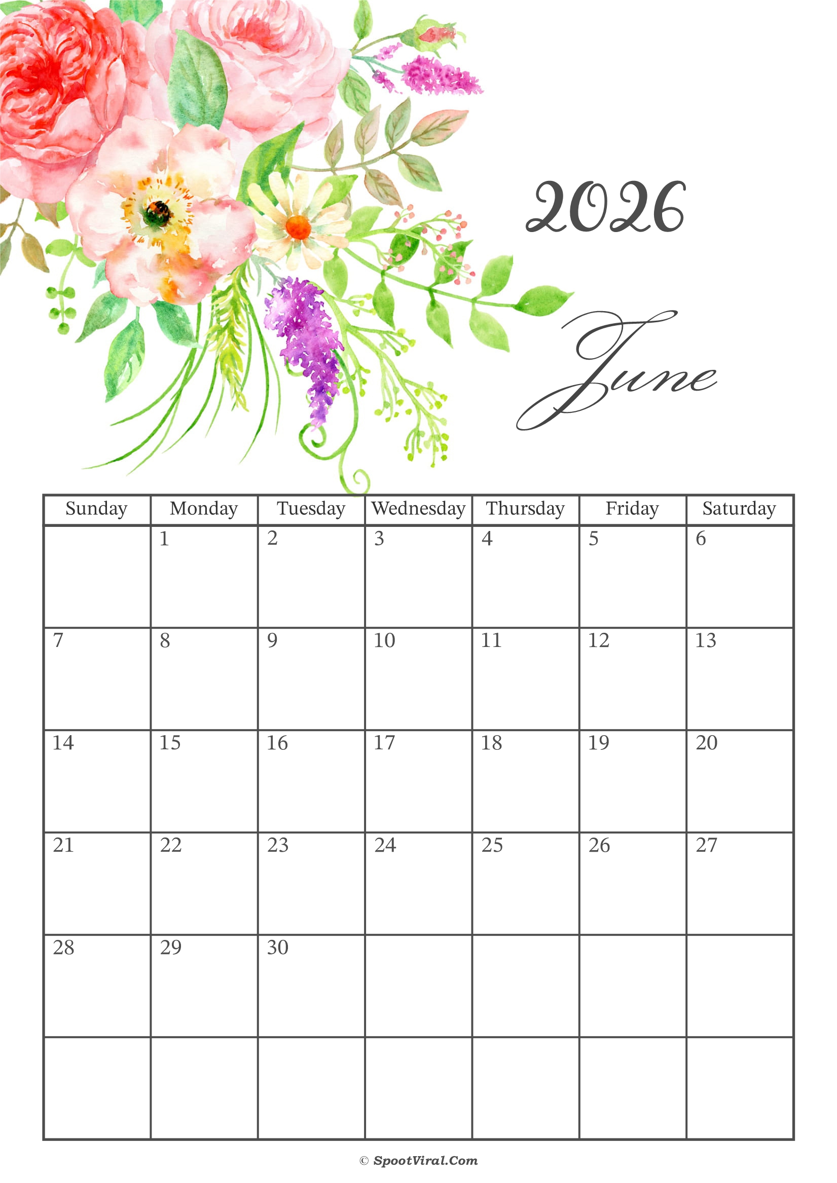 June 2026 Calendar Floral