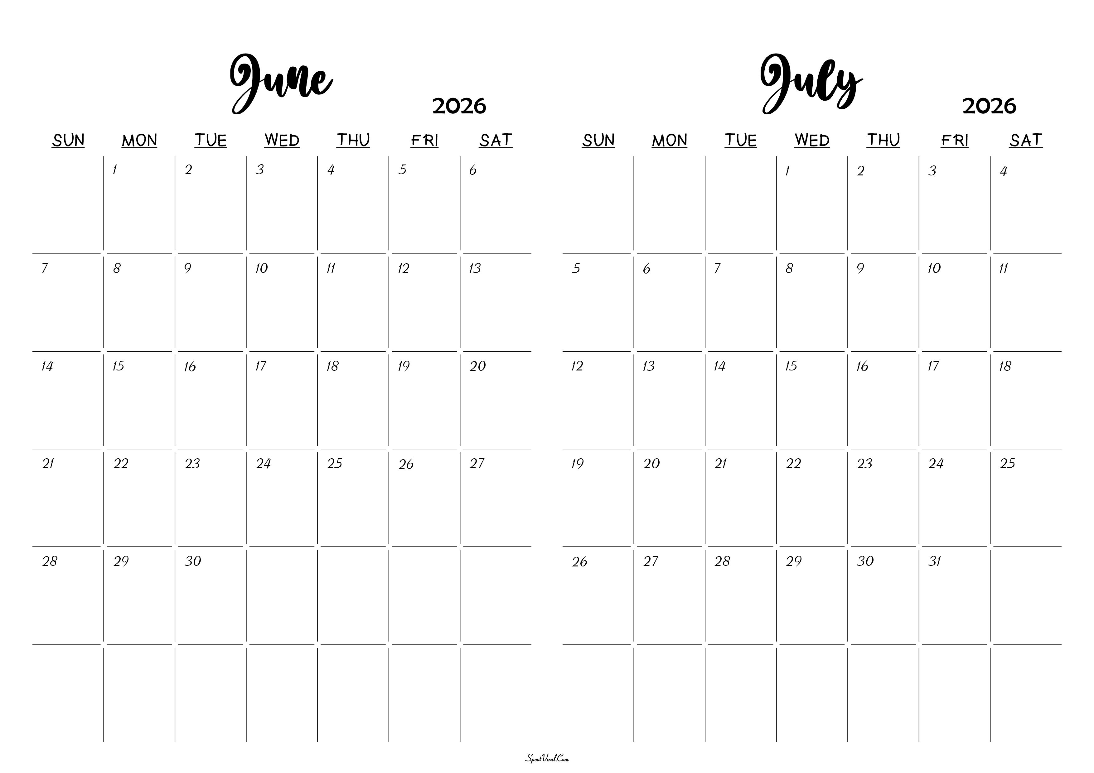 June July 2026 Calendar