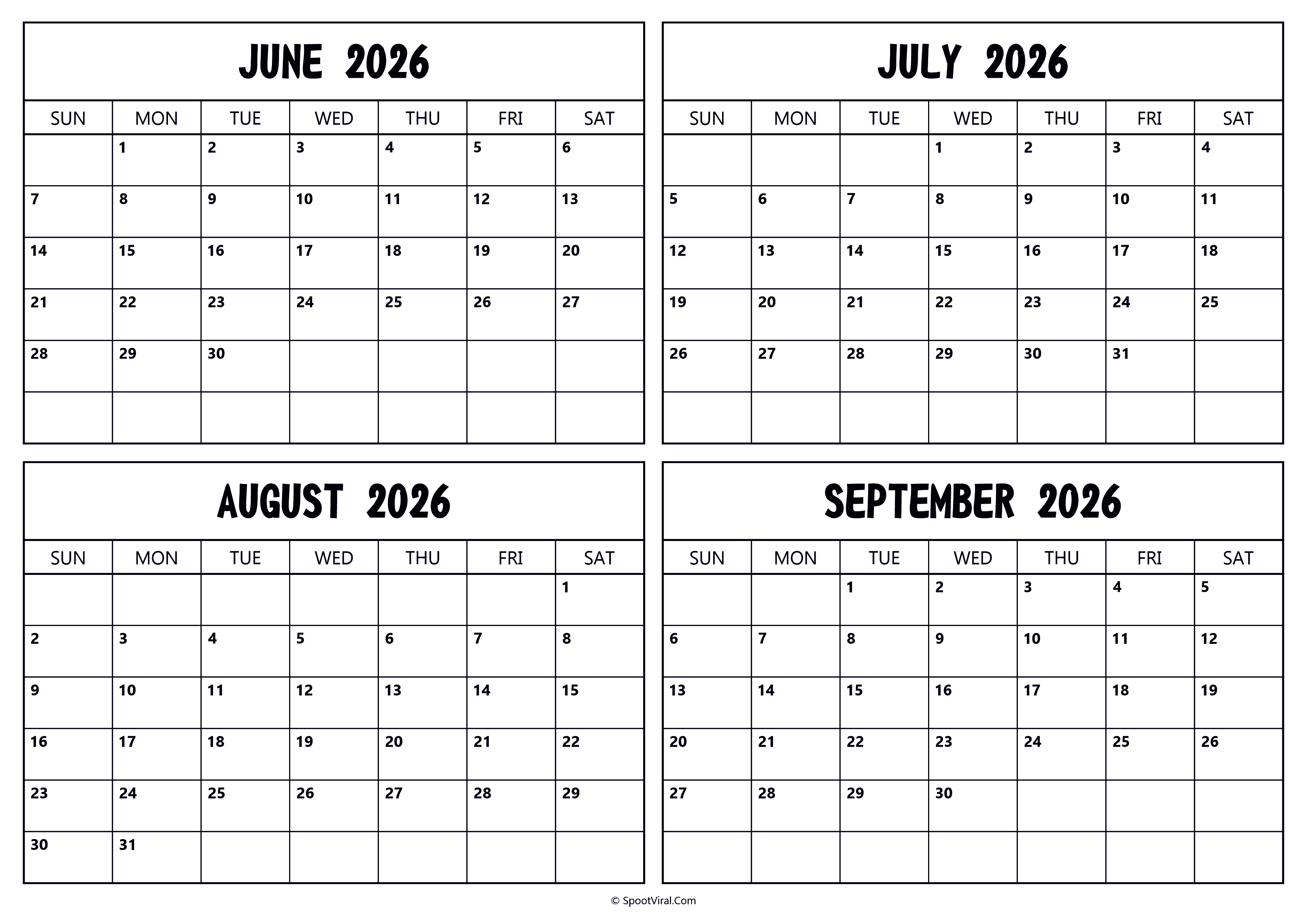June July August September 2026 Calendar