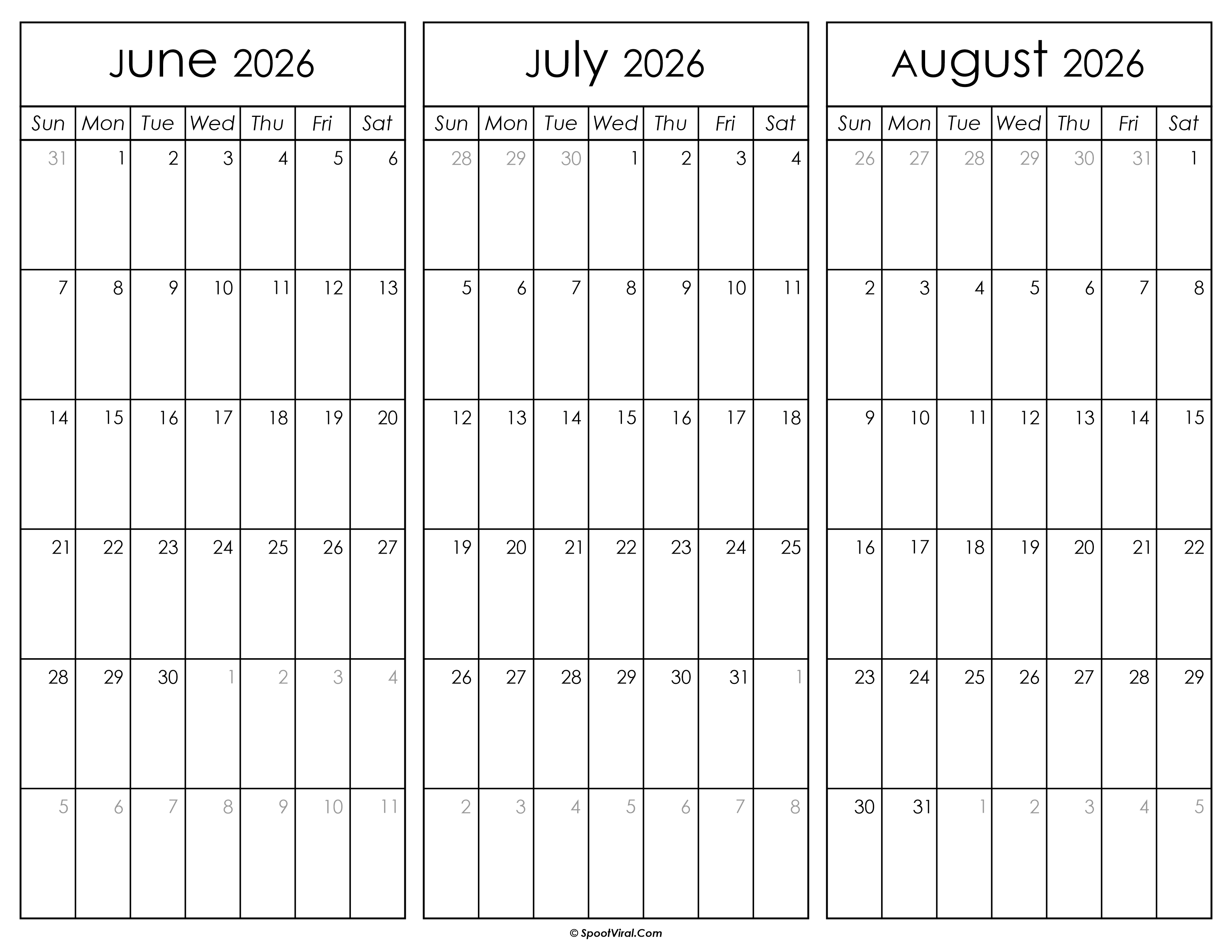 June July and August Calendar 2026