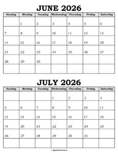 June and July Calendar 2026