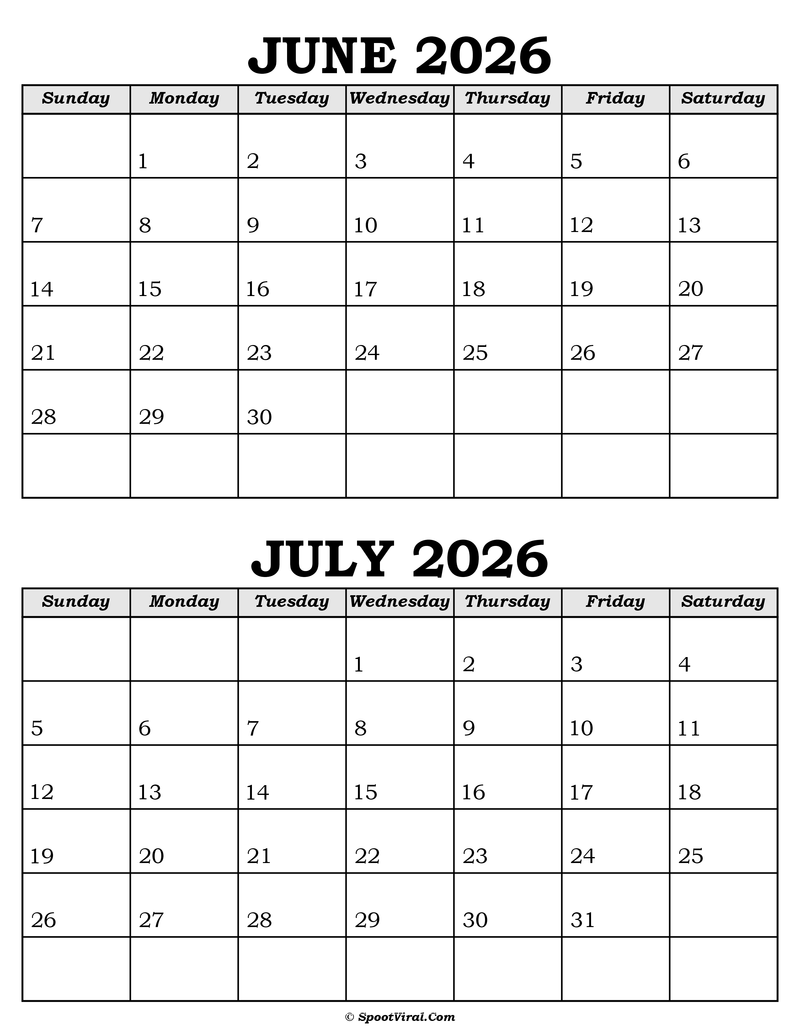 June and July Calendar 2026