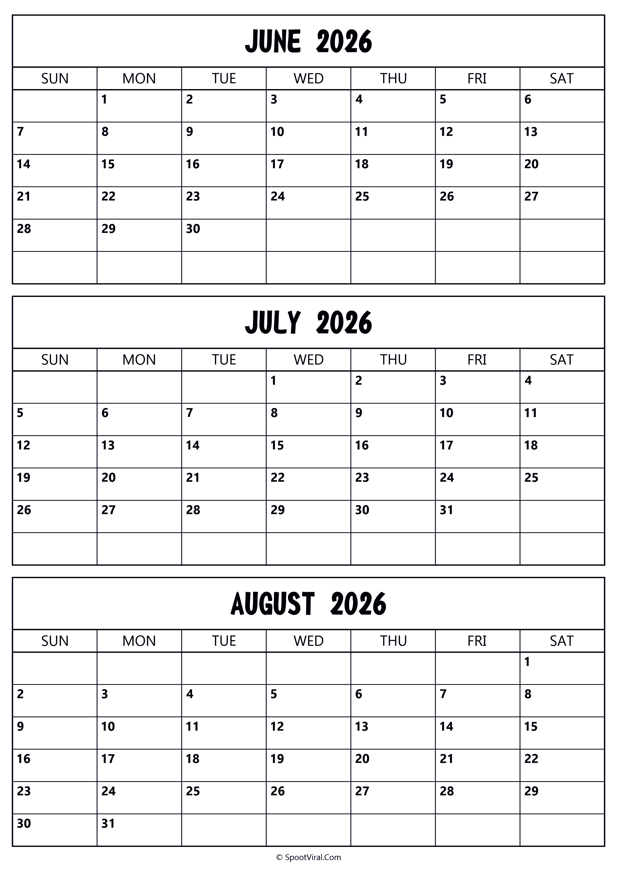 June to August 2026 Calendar