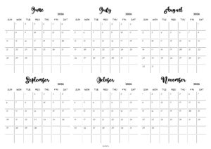 June to November 2026 Calendar