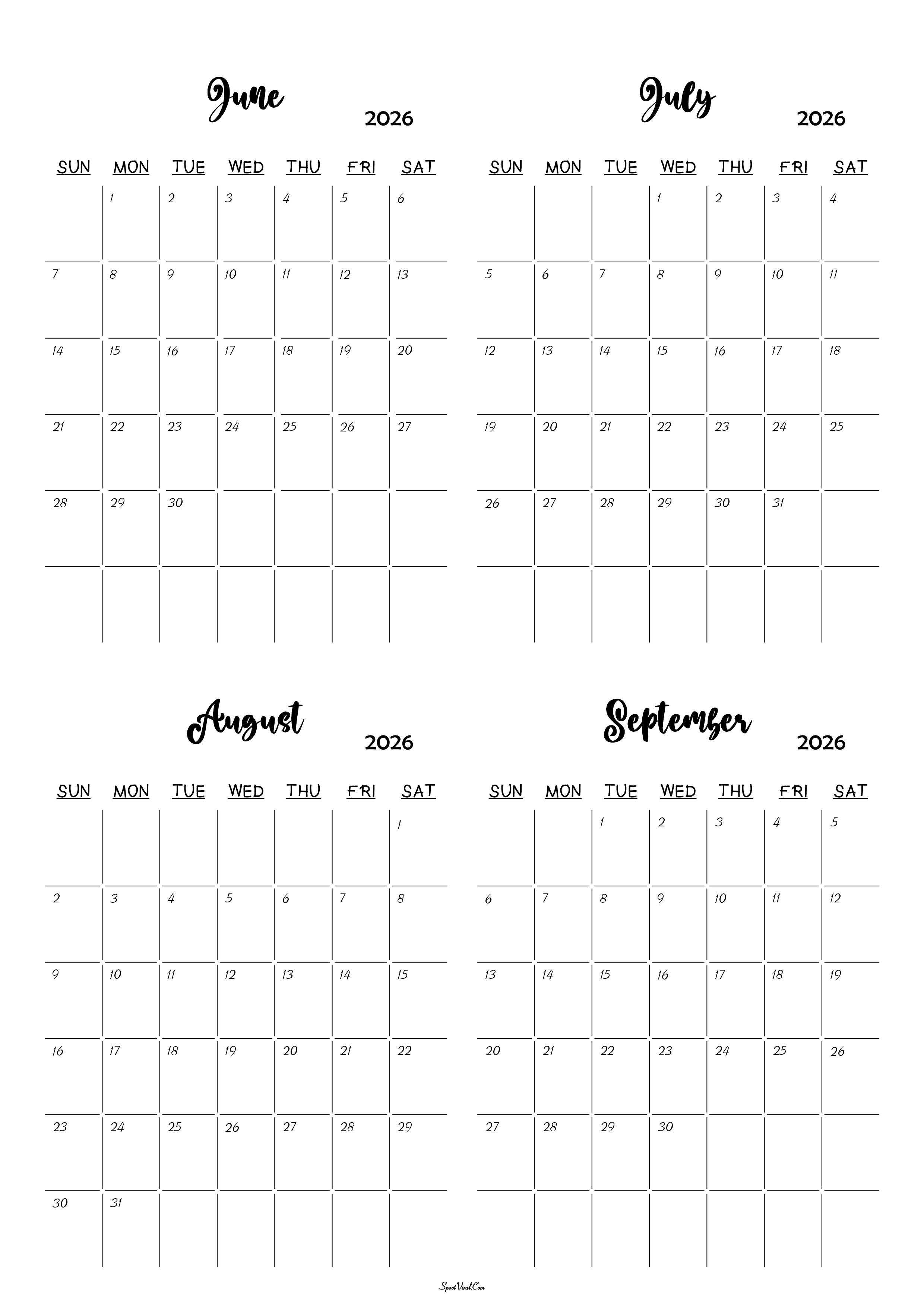 June to September 2026 Calendar