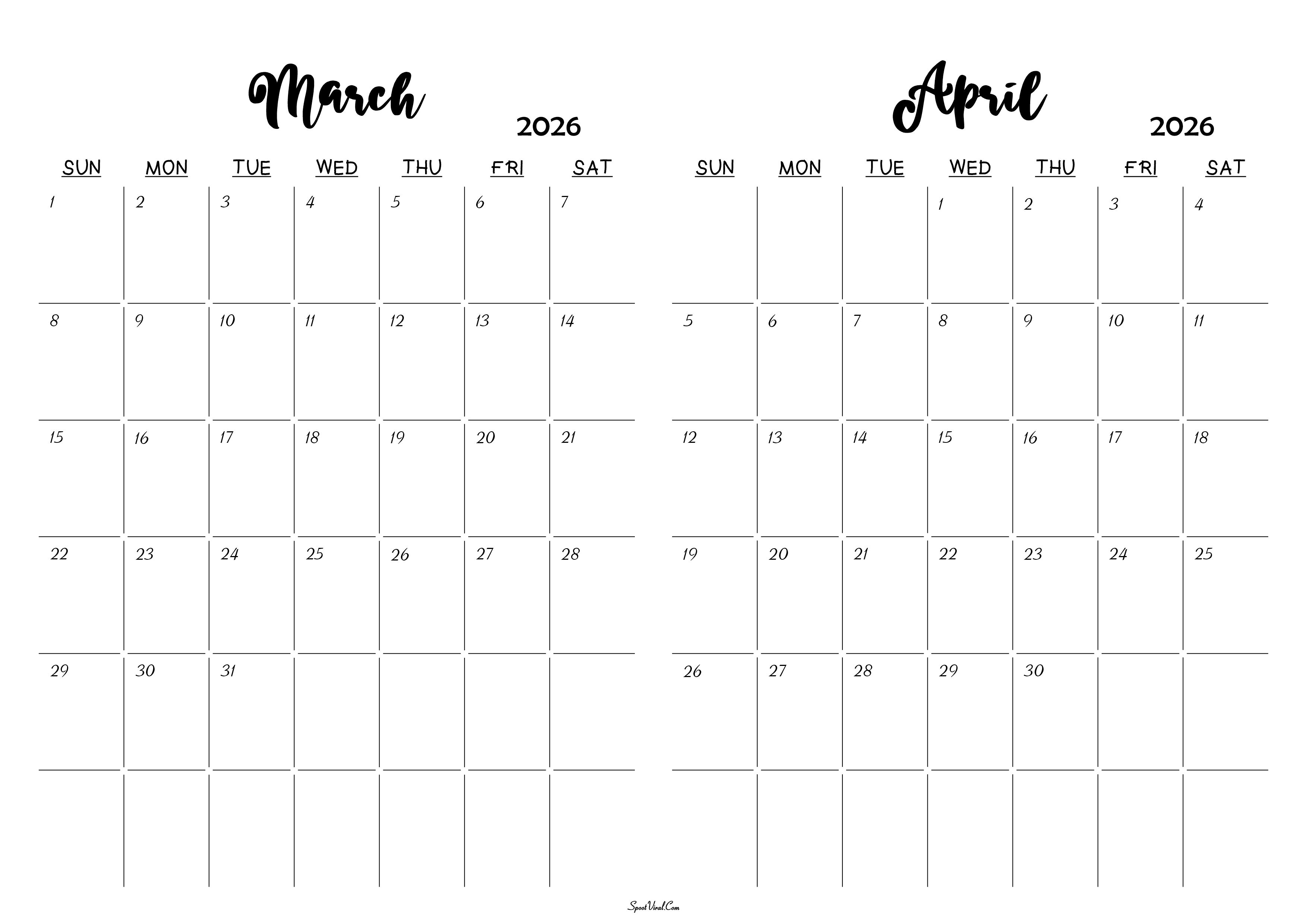 March April 2026 Calendar