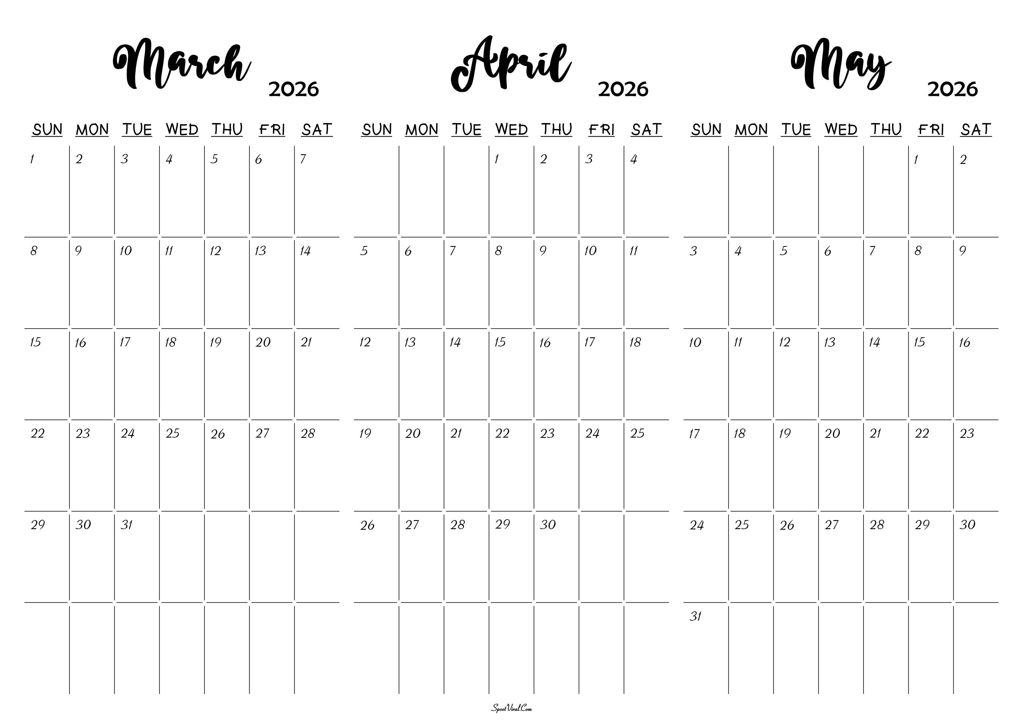 March April May 2026 Calendar