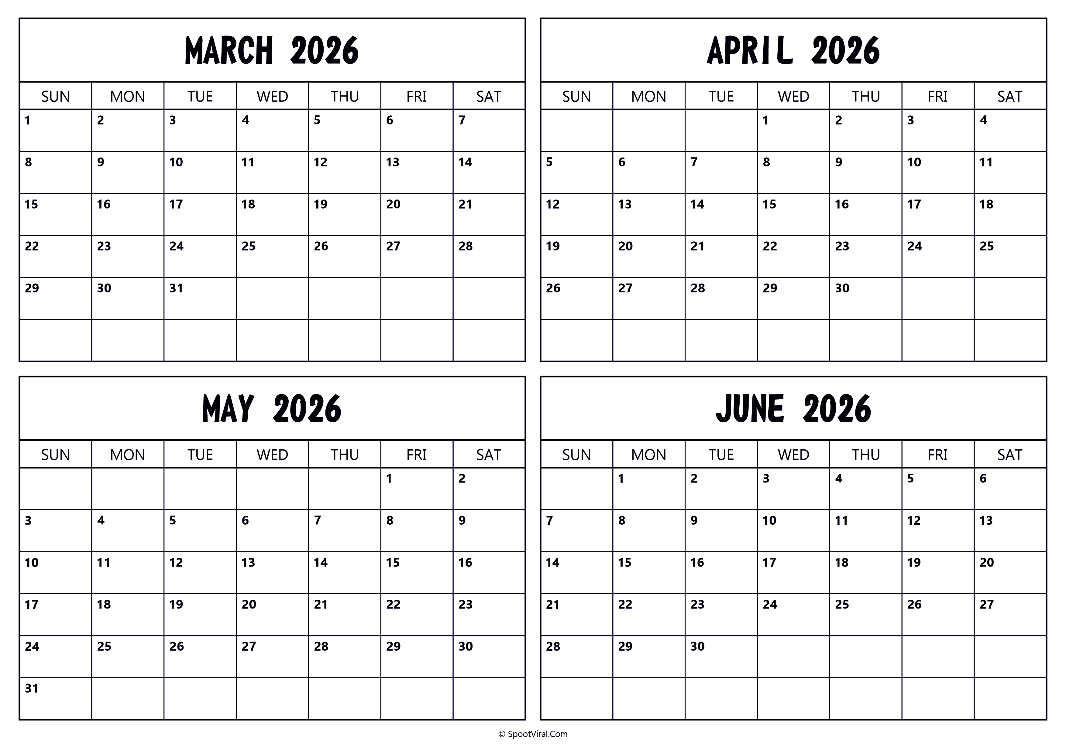 March April May June 2026 Calendar