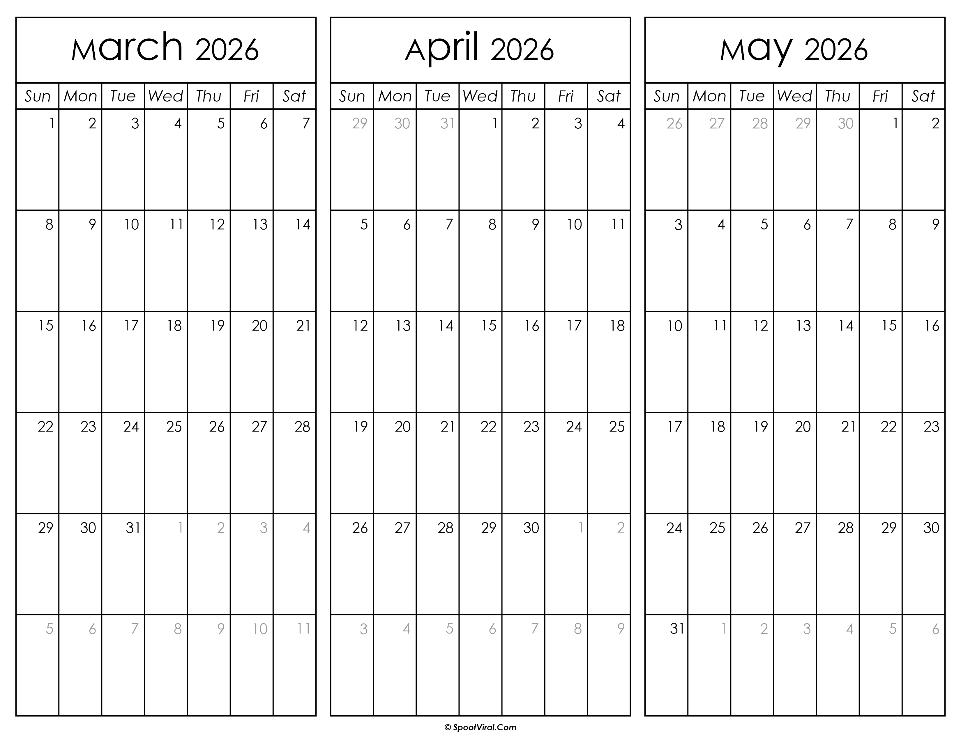 March April and May Calendar 2026