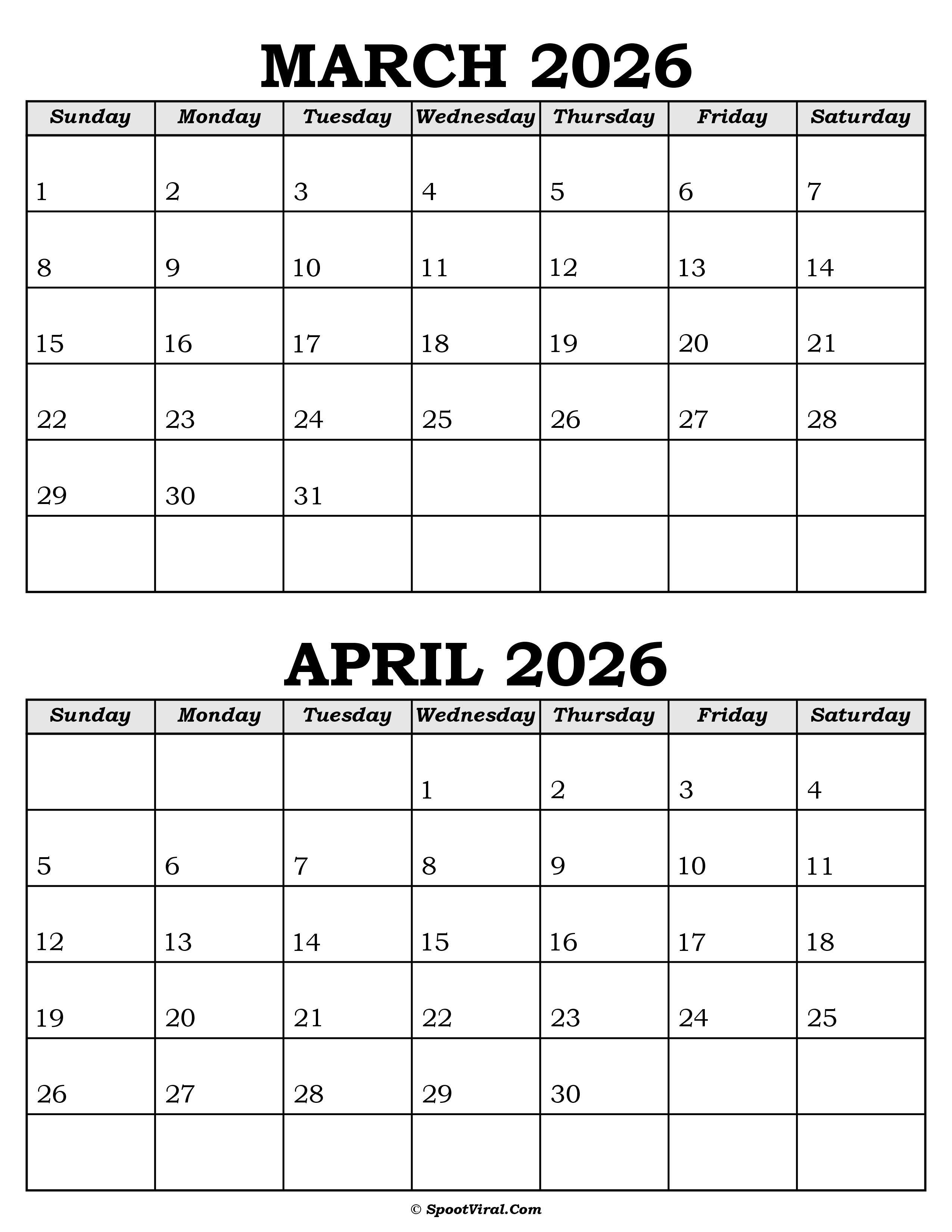 March and April Calendar 2026