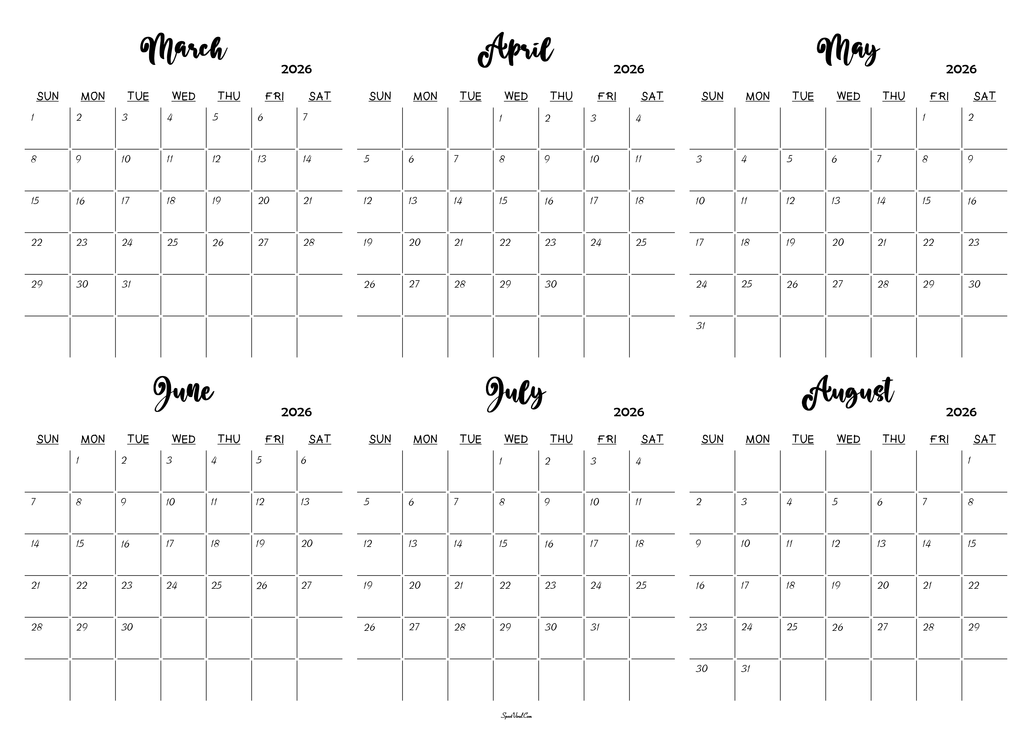 March to August 2026 Calendar