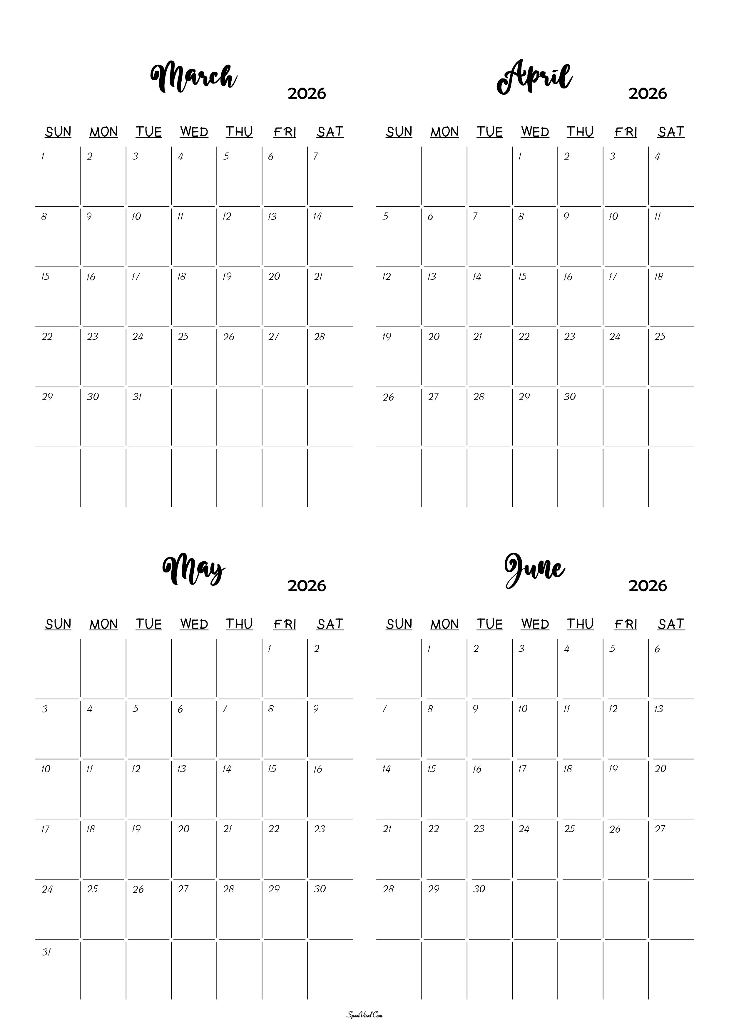 March to June 2026 Calendar