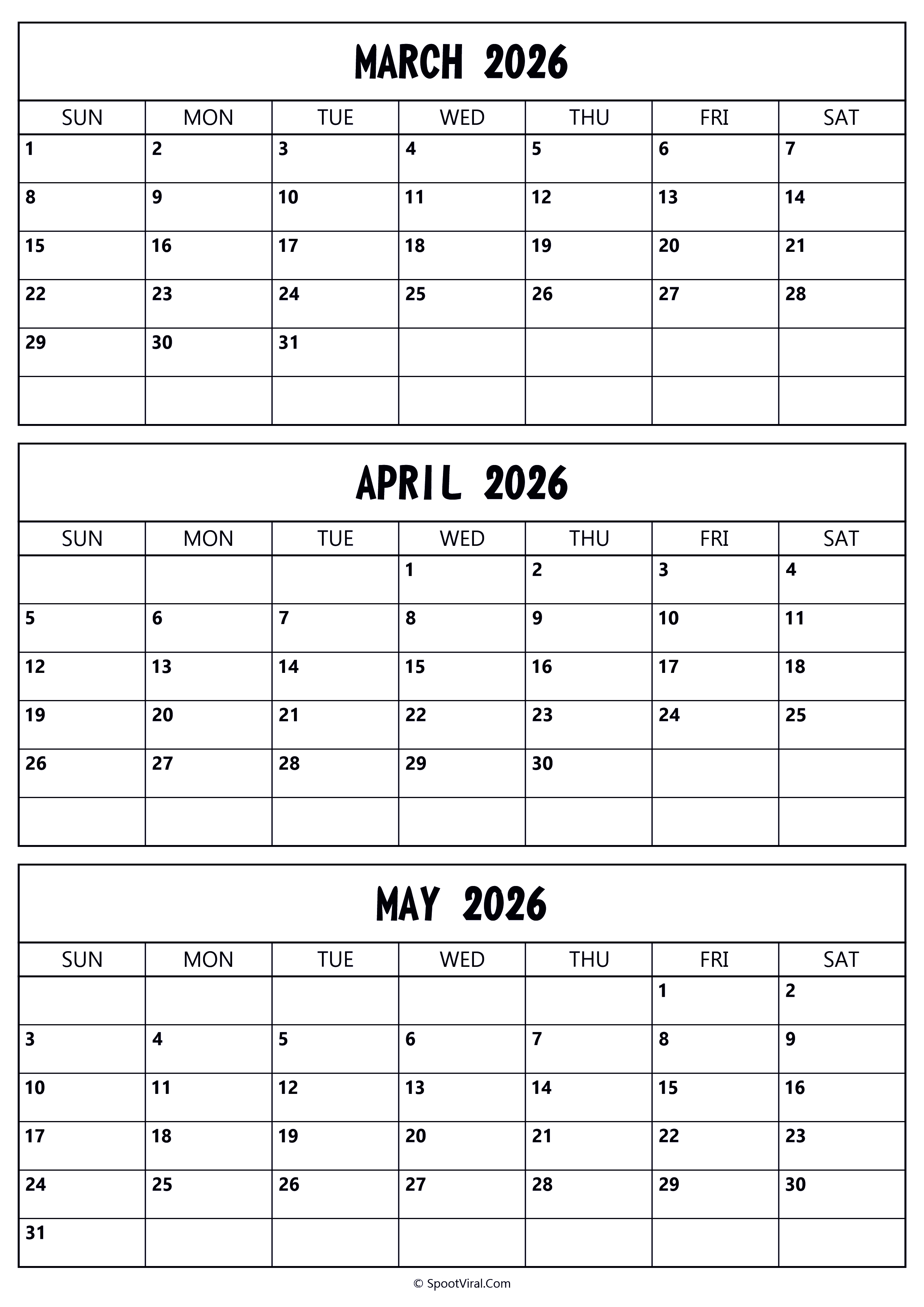 March to May 2026 Calendar
