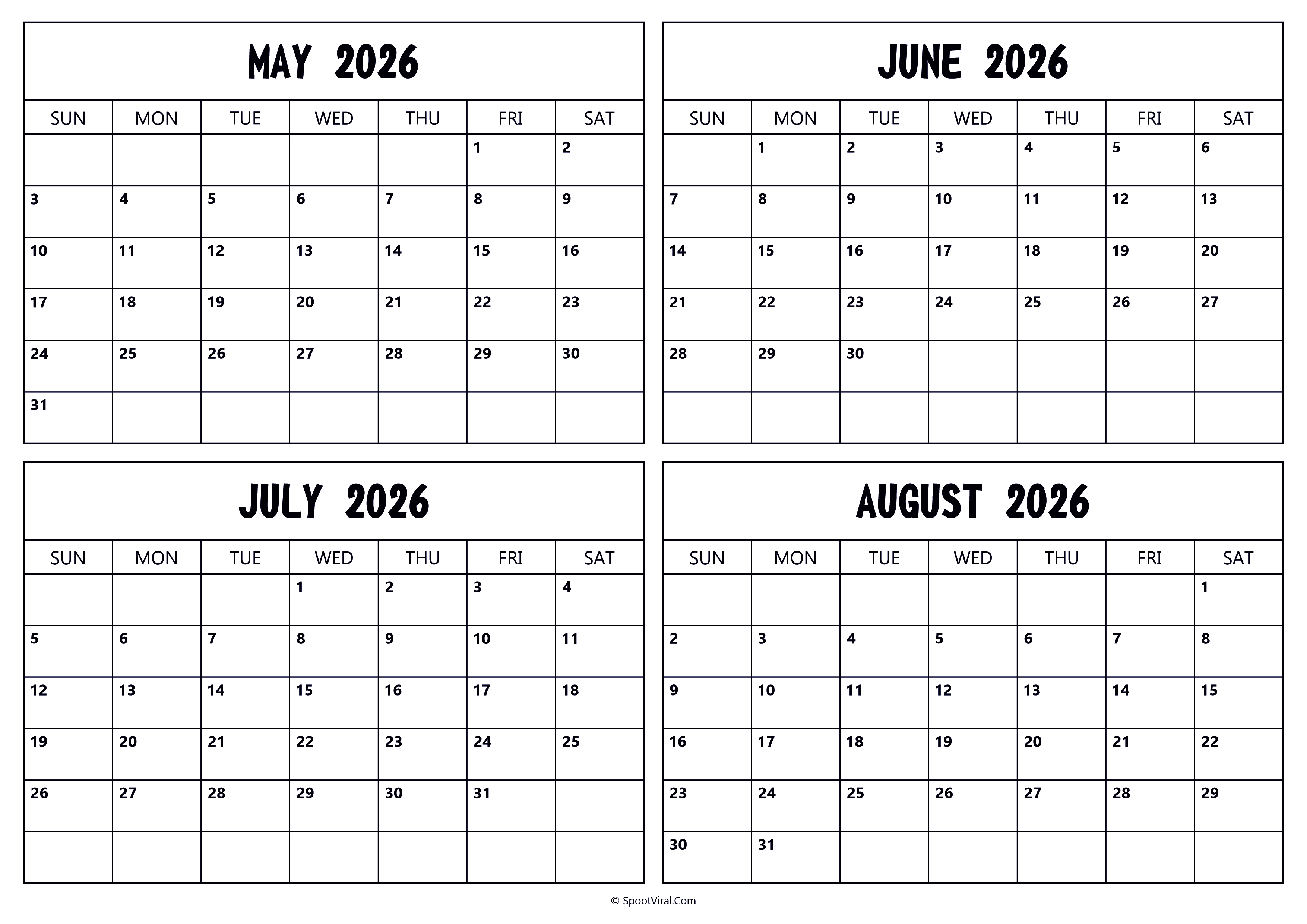 May June July August 2026 Calendar