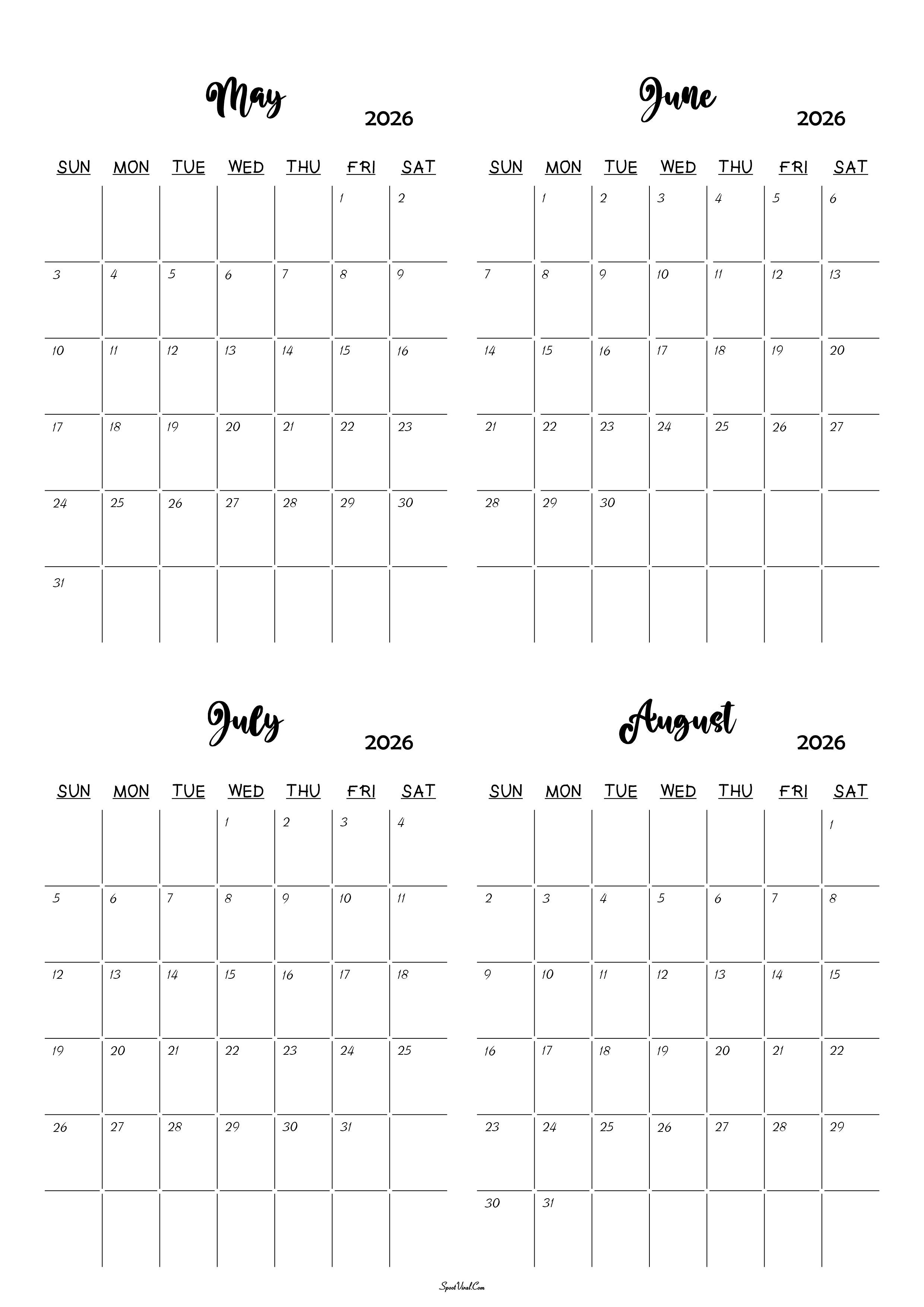 May to August 2026 Calendar