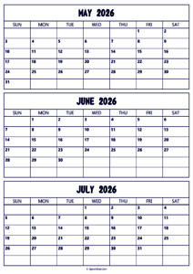 May to July 2026 Calendar