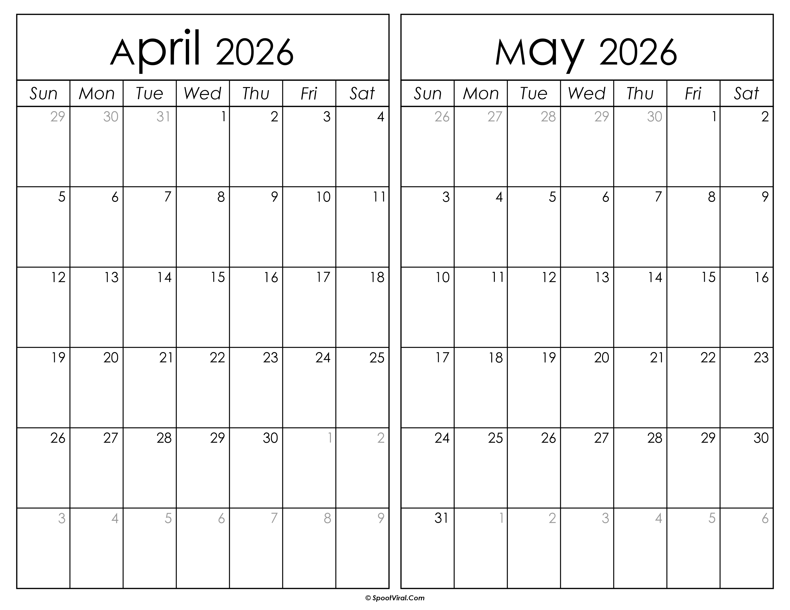 Printable April May 2026 Calendar