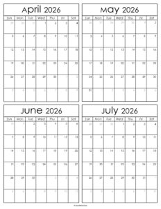 Printable April to July 2026 Calendars