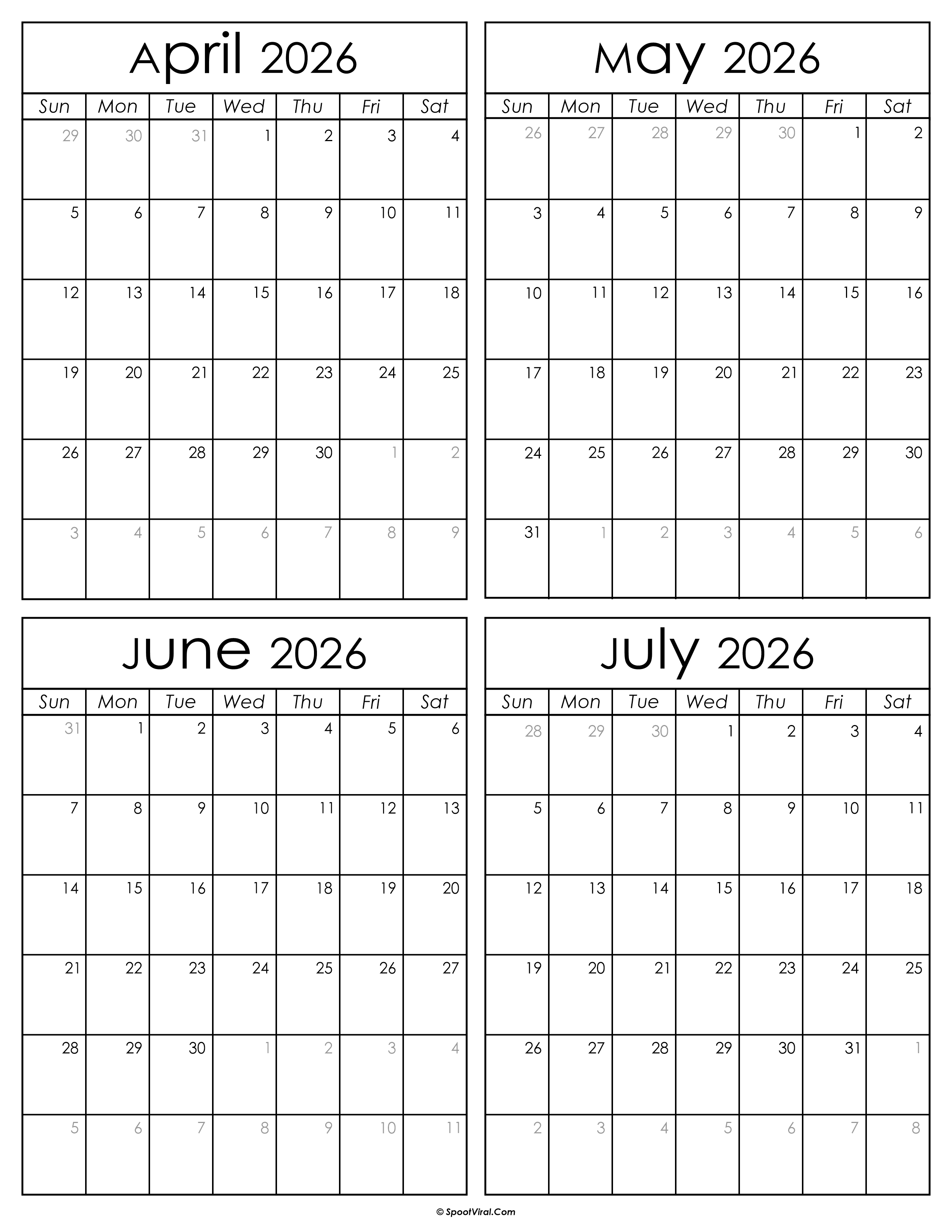 Printable April to July 2026 Calendars