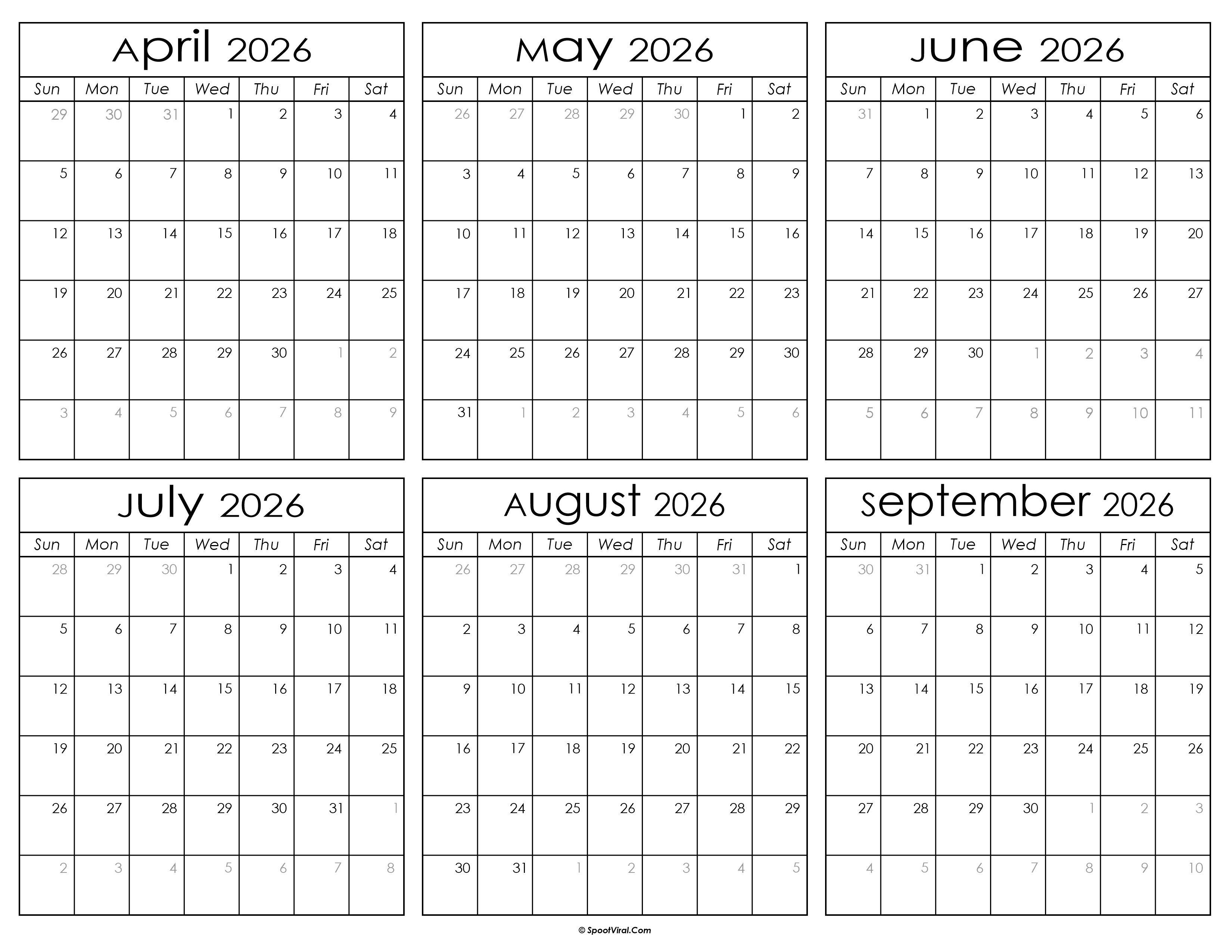 Printable April to September Calendar 2026