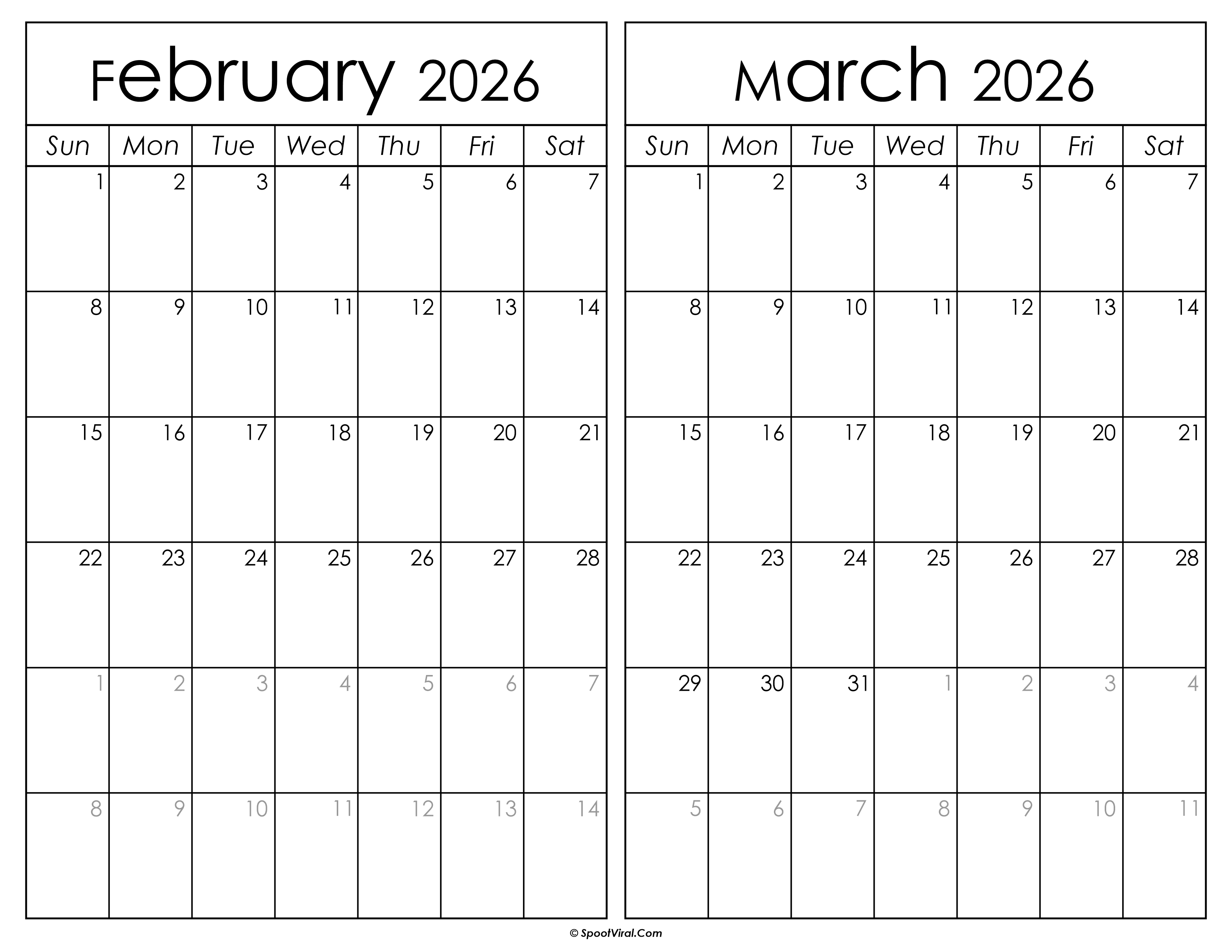 Printable February March 2026 Calendar