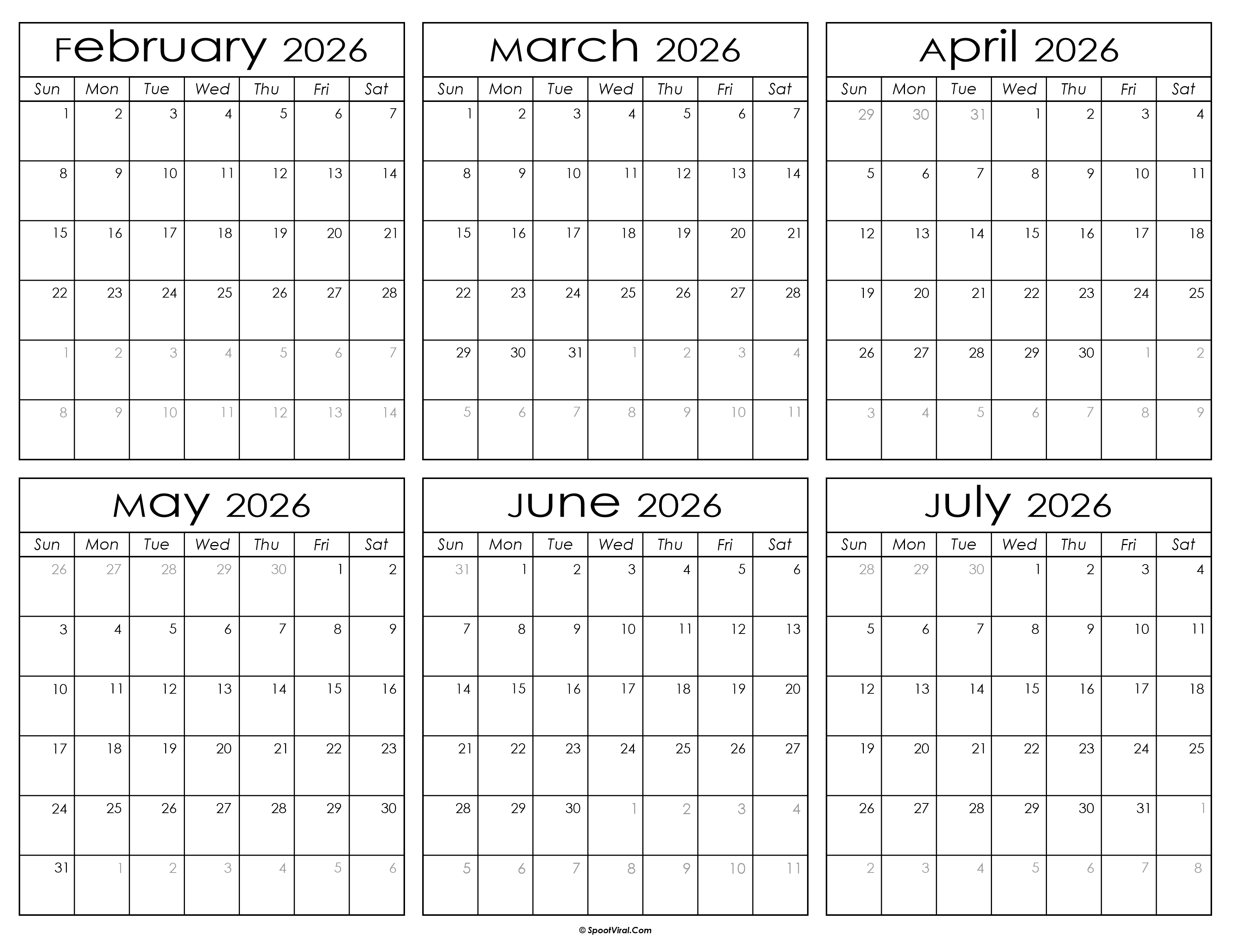 Printable February to July Calendar 2026