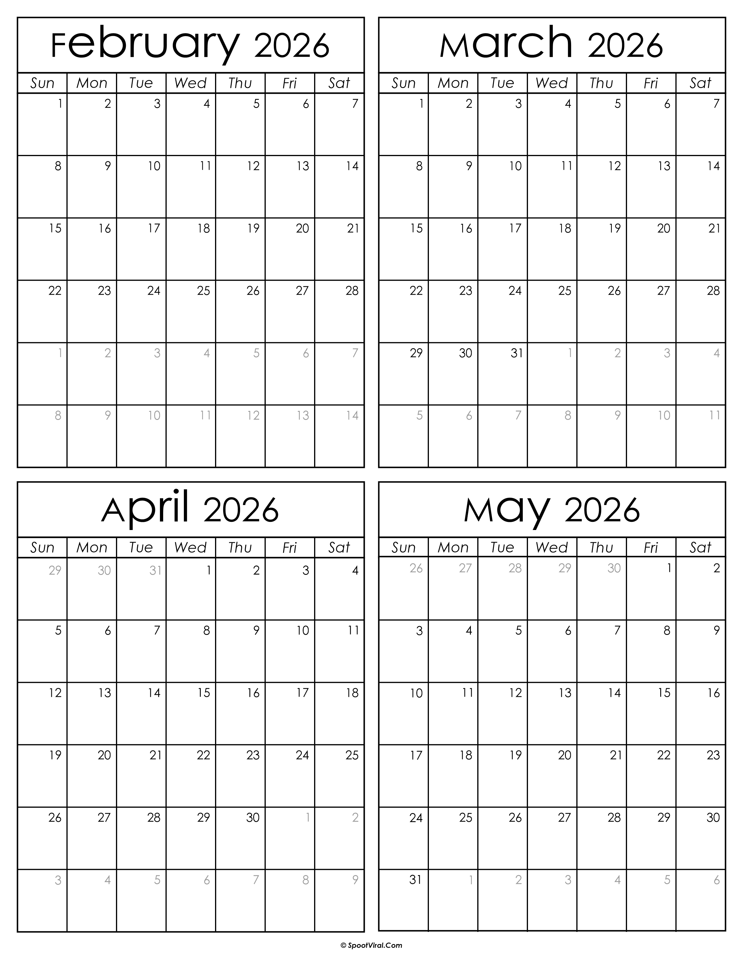 Printable February to May 2026 Calendars