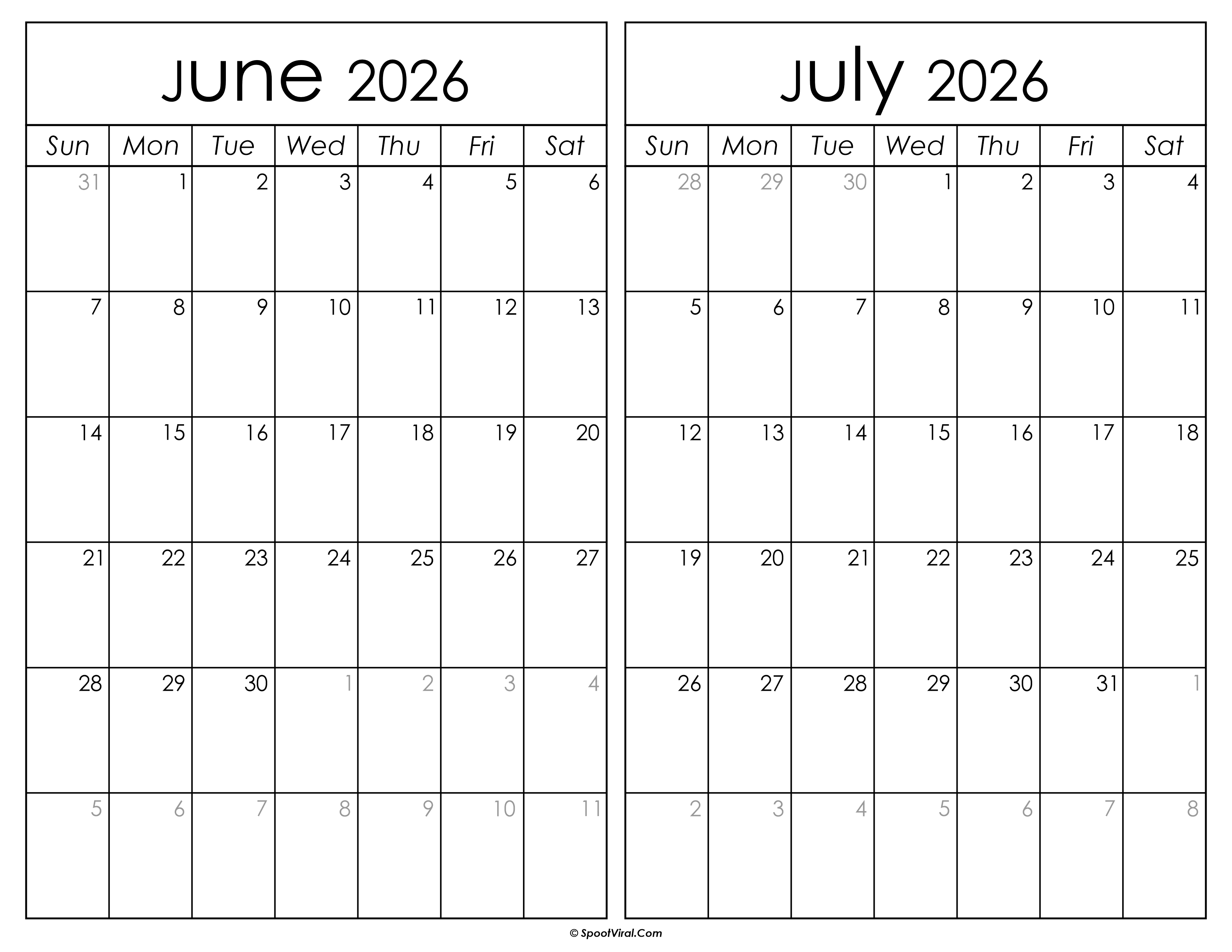 Printable June July 2026 Calendar