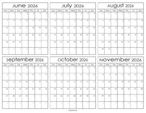 Printable June to November Calendar 2026