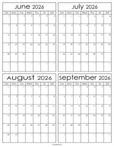 Printable June to September 2026 Calendars
