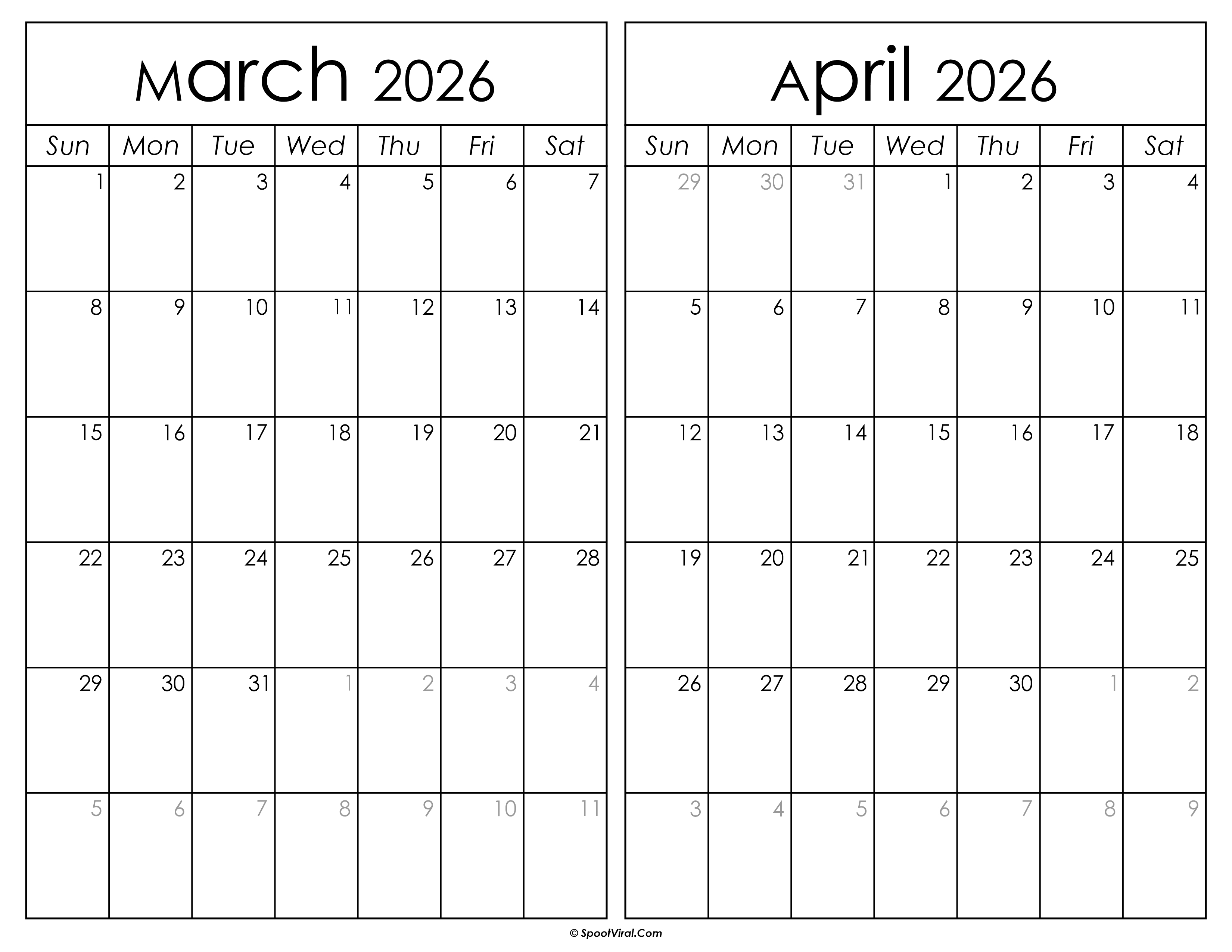 Printable March April 2026 Calendar