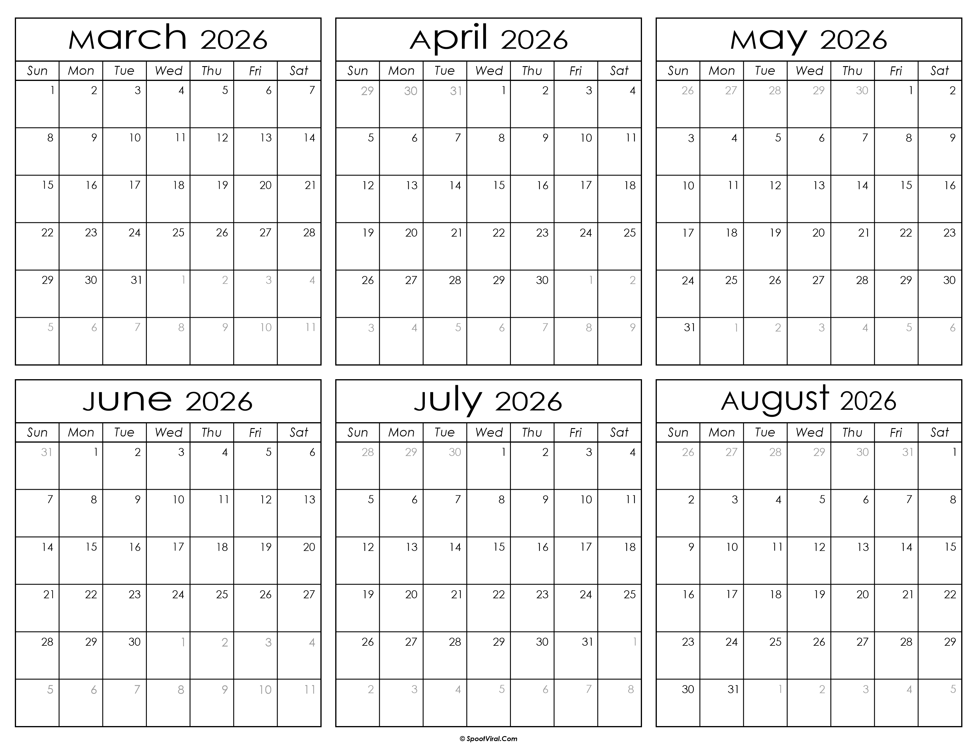 Printable March to August Calendar 2026