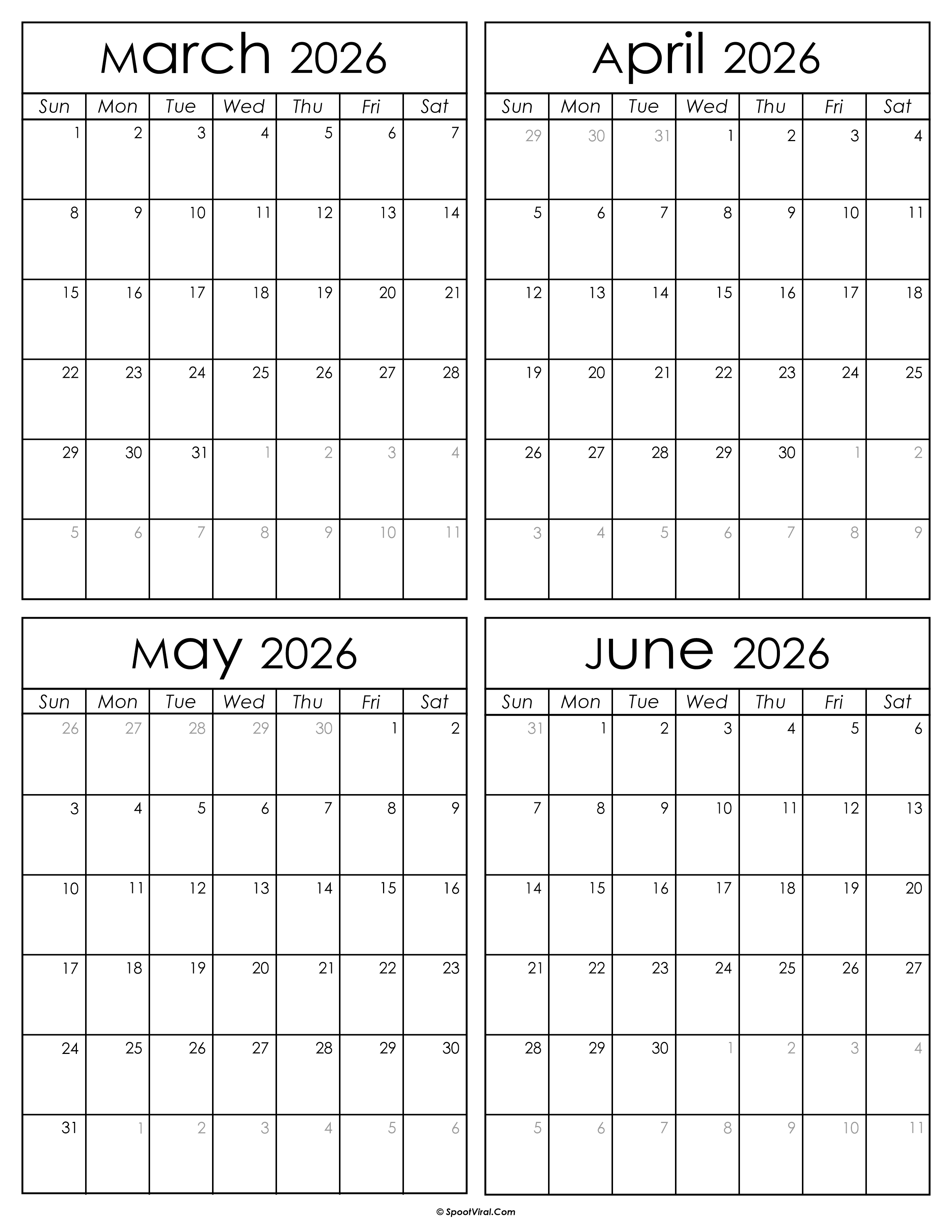 Printable March to June 2026 Calendars