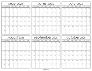 Printable May to October Calendar 2026